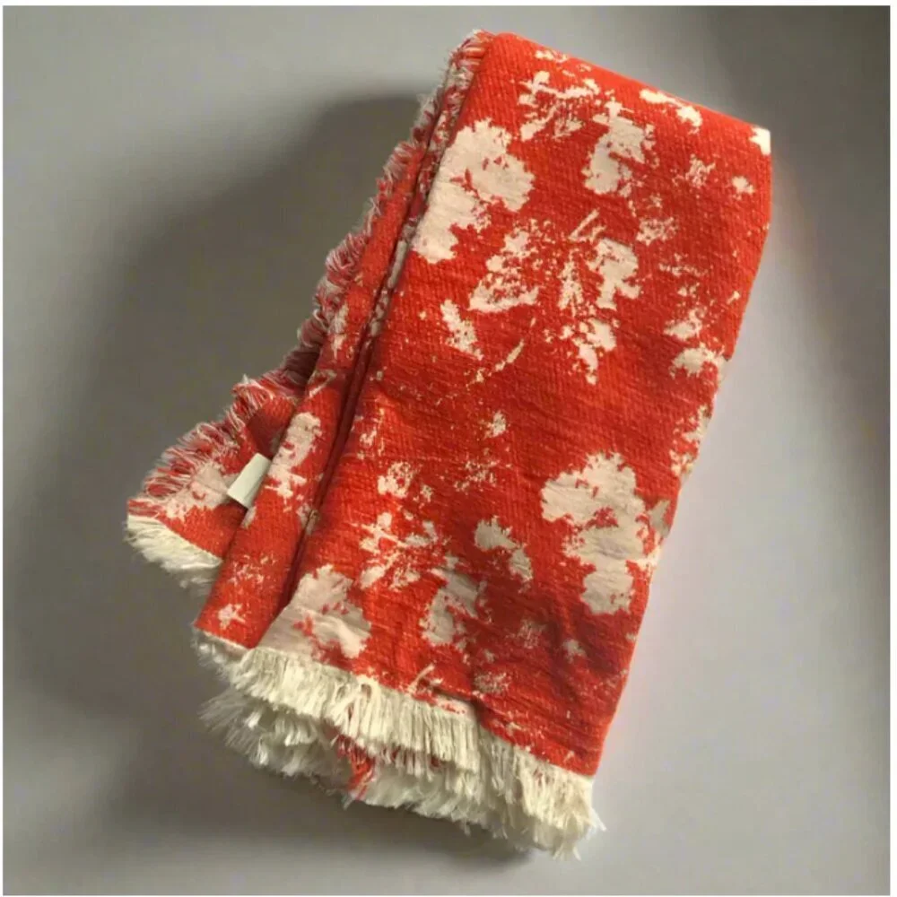 Anthropologie Chenille Cotton Throw Blanket Large Orange Oblong Eco Plush Fringe
